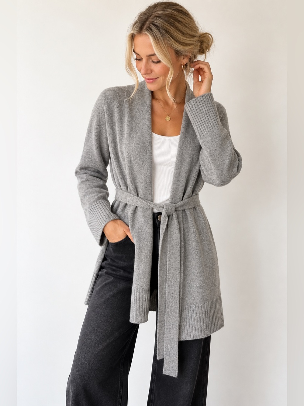 Daily Ritual Grey Cashmere Lambswool Belted Cardigan XL